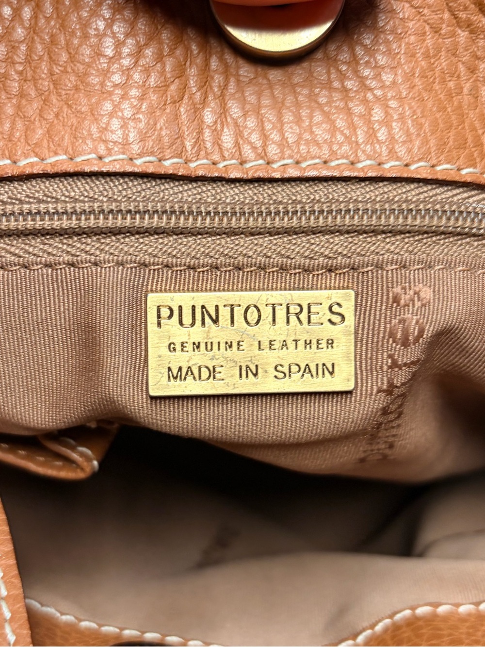 PuntoTres Cognac Genuine Leather Bucket Shoulder Bag Made in Spain - Picture 9 of 9